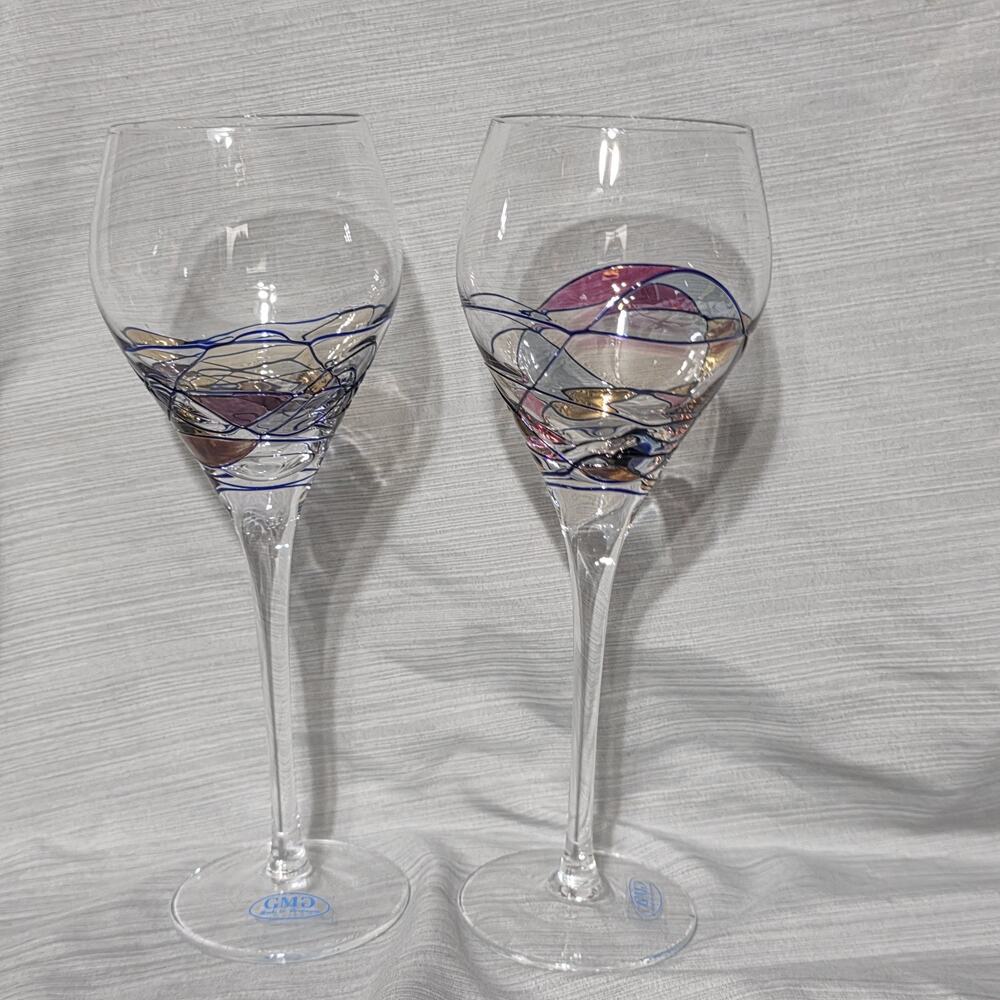 GMD Romania Art Glass Wine Glasses Set of 2 – Raised Textured Painted Swirl Desi